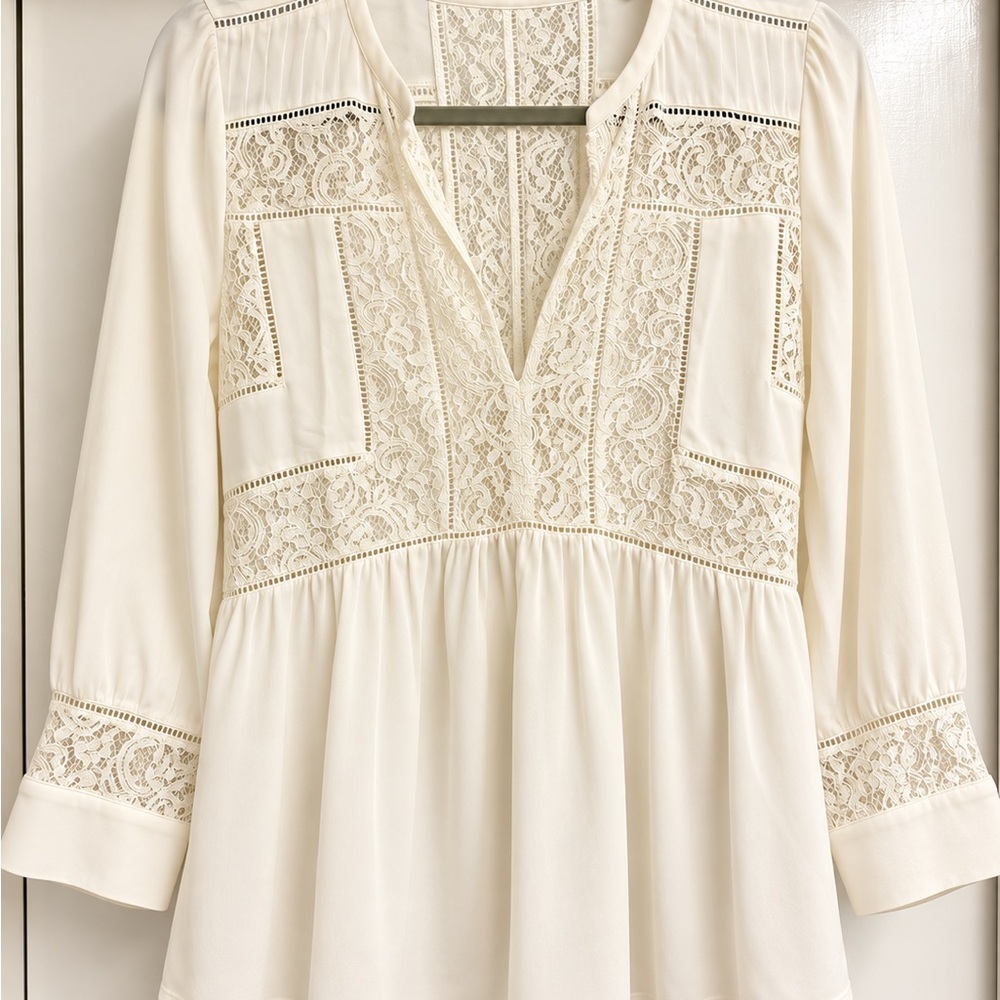Rebecca Taylor Women's Cream Lace-Trim Sheer Peasant Blouse